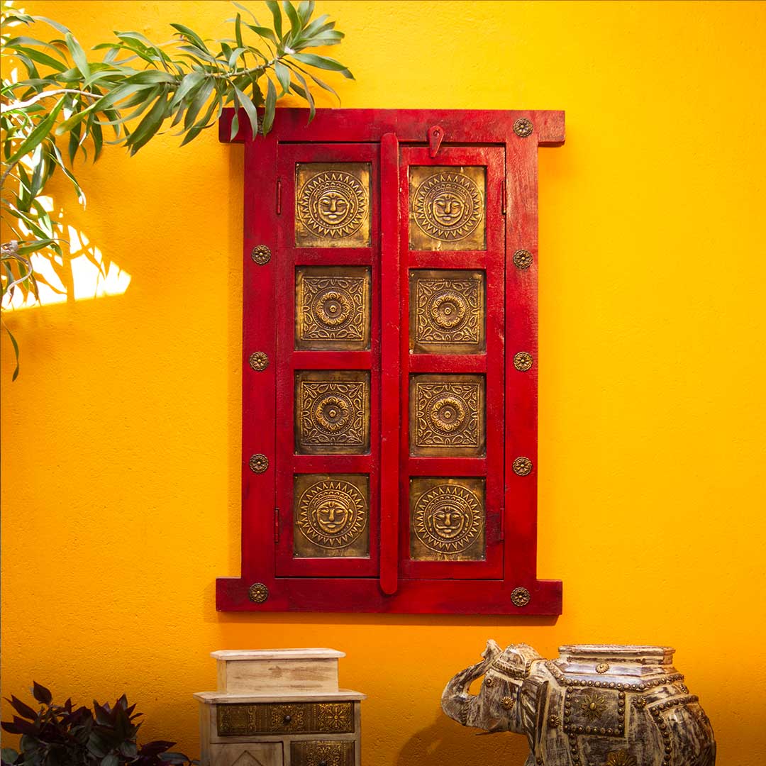 Wooden Decorative Window with brass art in Dark Red Wooden Decorative Window with brass art in Dark Red